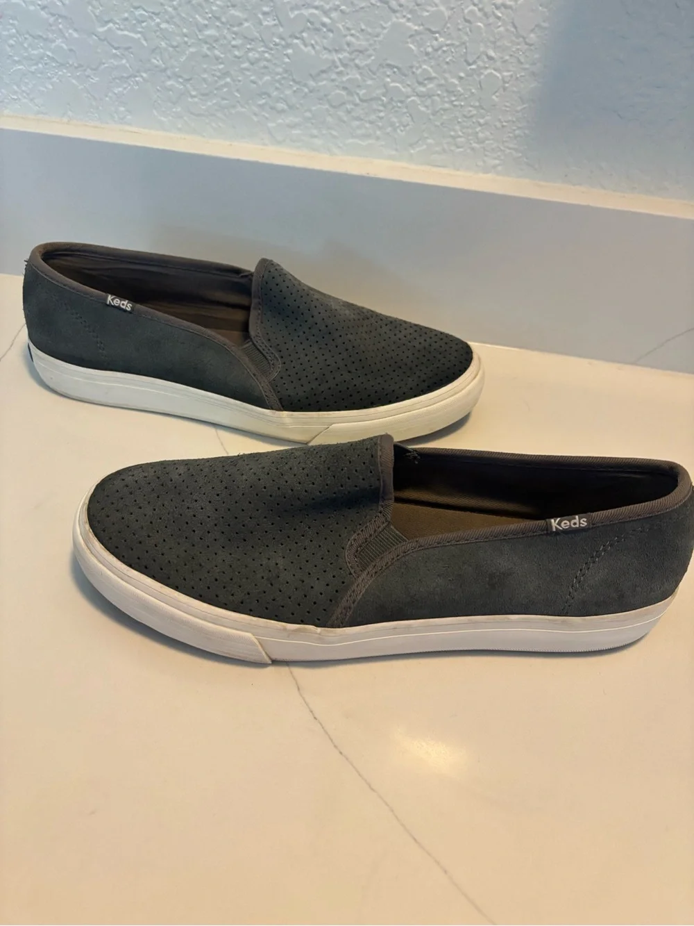 Keds Shoes Womens 6.5 Gray Double Decker Perf Slip On Sneakers Suede Low